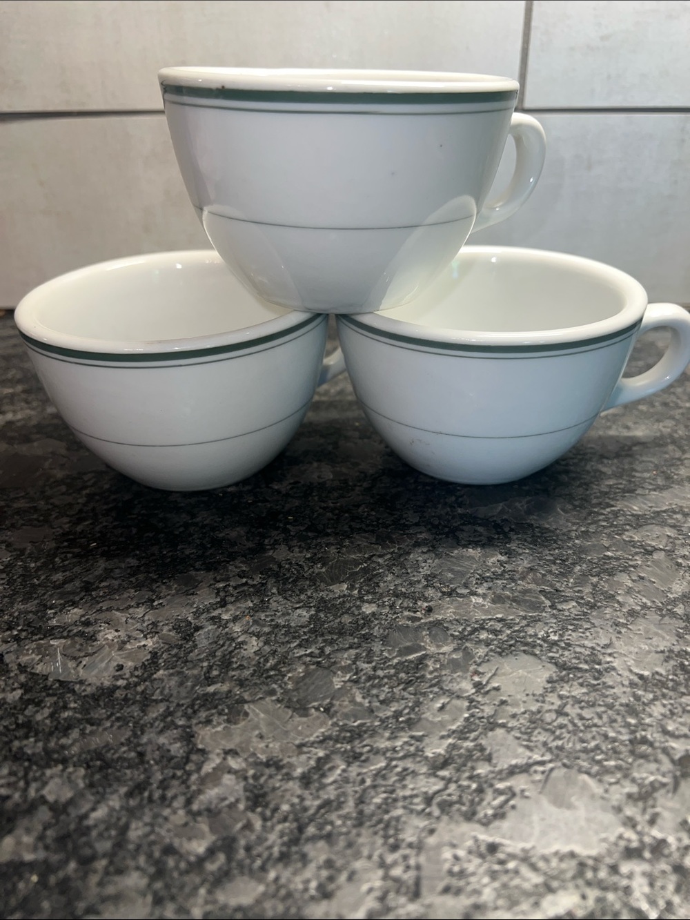 Vintage Set of 3 Diner White Ceramic Tea/Coffee Cups with Green Rim -
